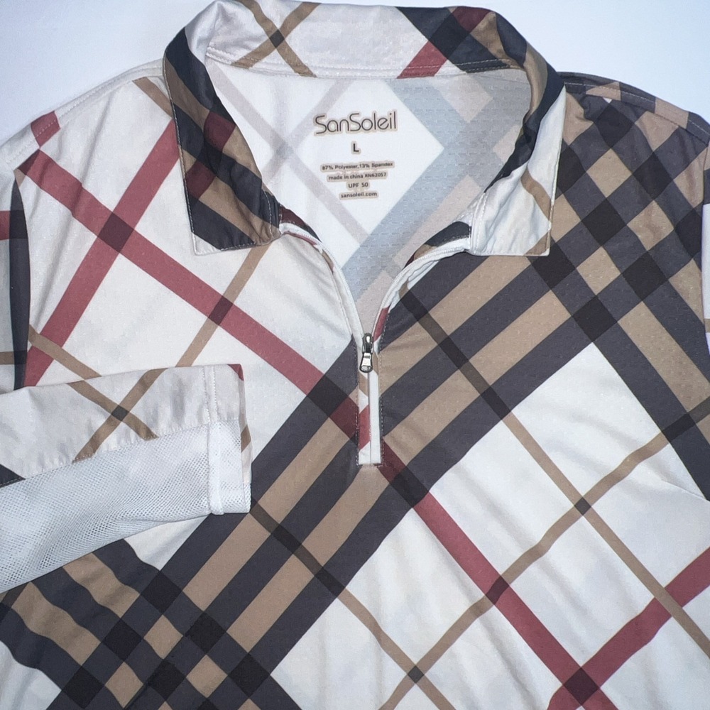San‎ Soleil Shirt Women Sz Large Golf Tennis Long Sleeve Plaid 1/4 Zip UV50 Mesh